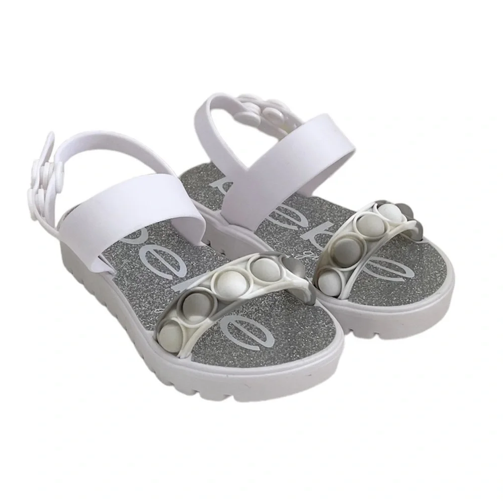 Bebe Toddler White Silcone Rubber Pop It Silver Glitter Sandals Size Small 5/6
